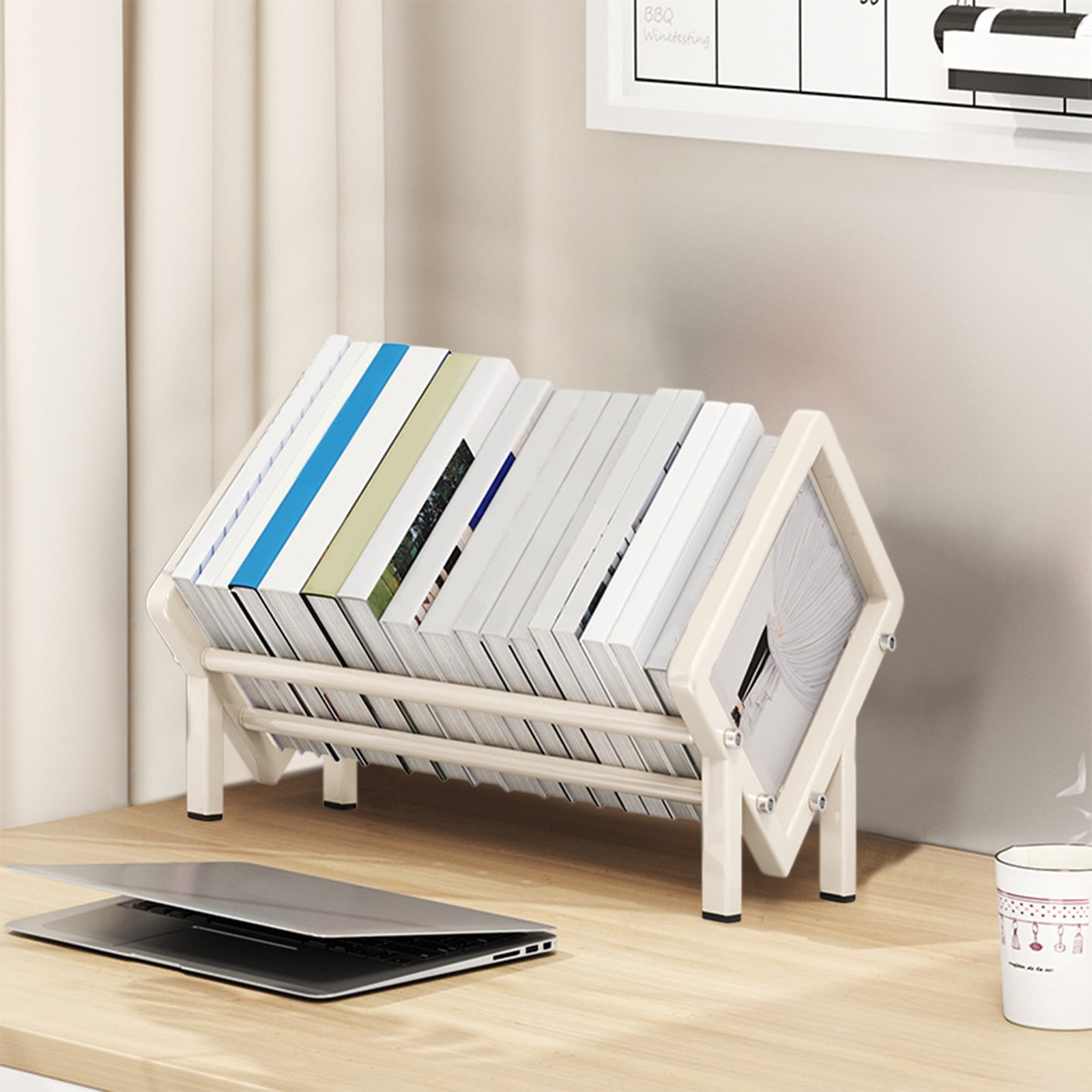 Merryso Stainless Steel Desk Bookshelf, White Small Desktop Book Storage Rack, Rustproof Desk Organizer for Books, Files & Learning Supplies, Modern Open Shelf Design