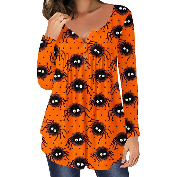 Camiseta informal para mujer con estampado de Halloween de manga larga con cuello redondo y fruncido Fridja fjkfkj626