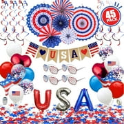 4th of July Decorations July 4th Party Decor Supplies, Patriotic Decorations Set for Independence Day, Memorial Day, Red White Blue Patriotic Memorial Day Paper Fans Balloons,45PCS