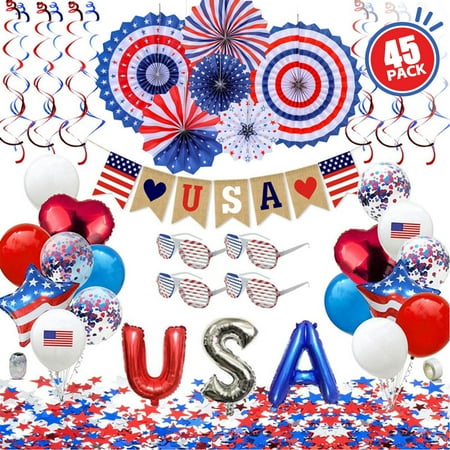 4th of July Decorations July 4th Party Decor Supplies, Patriotic Decorations Set for Independence Day, Memorial Day, Red White Blue Patriotic Memorial Day Paper Fans Balloons,45PCS