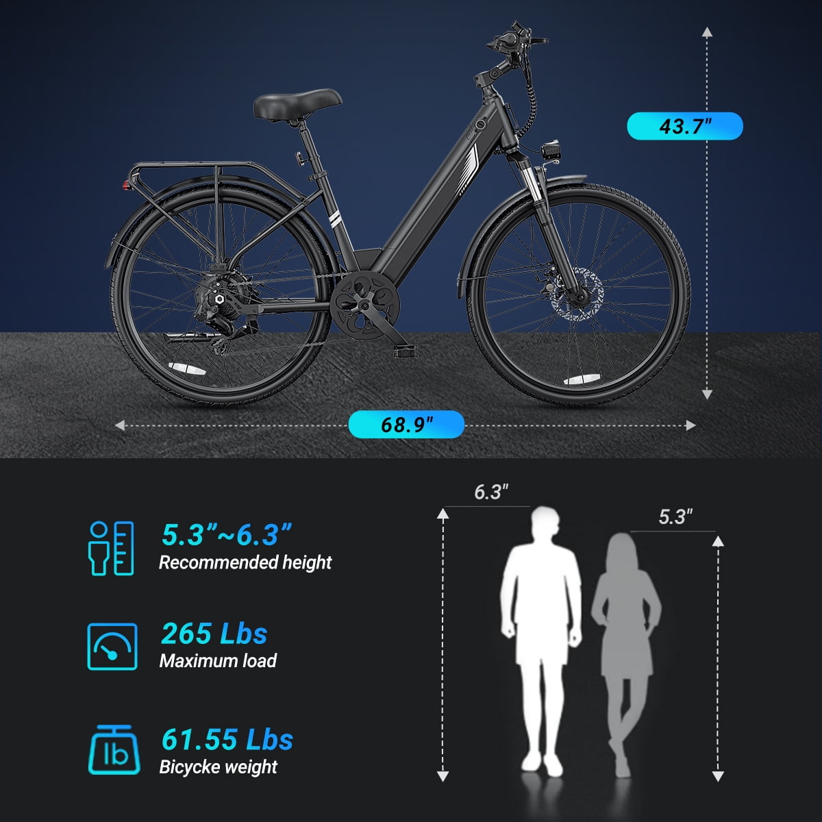 DYU C7L Electric Bike for Adults, 26" Peak 1000W Motor Ebike, 48V 10.4Ah Removable Battery, 45 Miles Max 20MPH, 7 Speed Electric Bicycle UL2849
