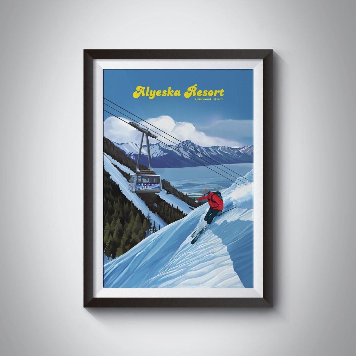 Alyeska Ski Resort Poster Girdwood Alaska USA Chugach Mountain Range Snowboarding Anchorage Vintage Travel Print Ski Gift Retro Art
