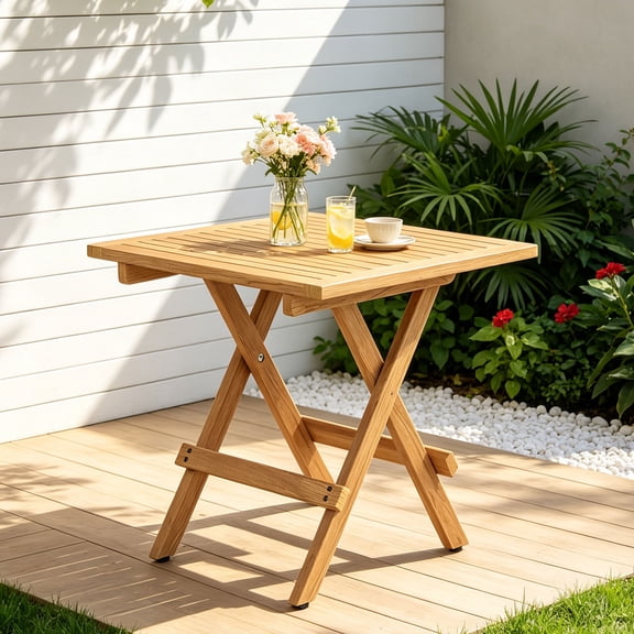 OTSUN Outdoor Side Table, 20" Teak Wood Patio Table, Sturdy X-Shaped Wood Frame, Bistro Table for Outside Camping, Picnic, Patio, Poolside, Garden