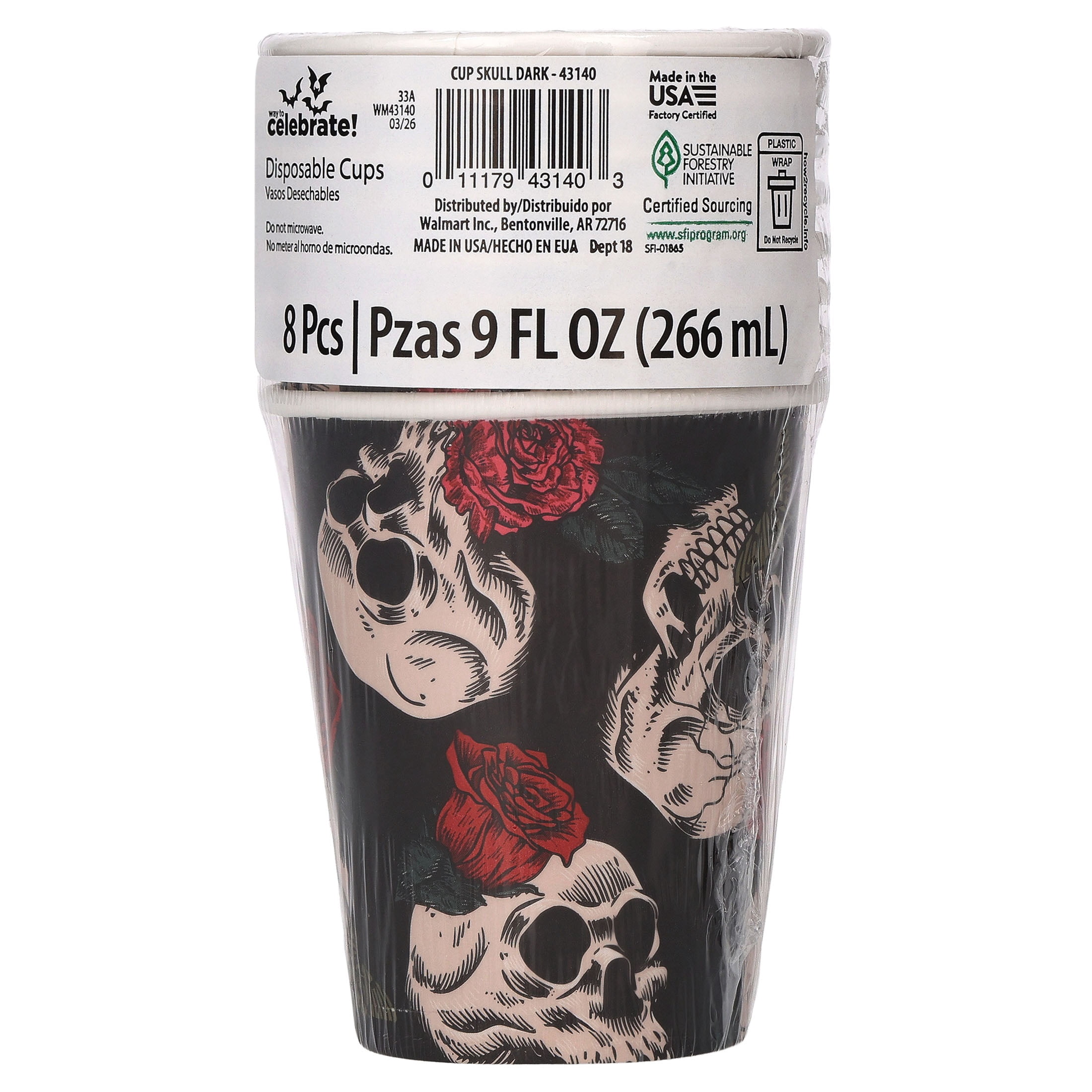 Skulls and Roses Disposable Paper Cups, Multicolor, 9 oz, 8 Count, Halloween by Way To Celebrate