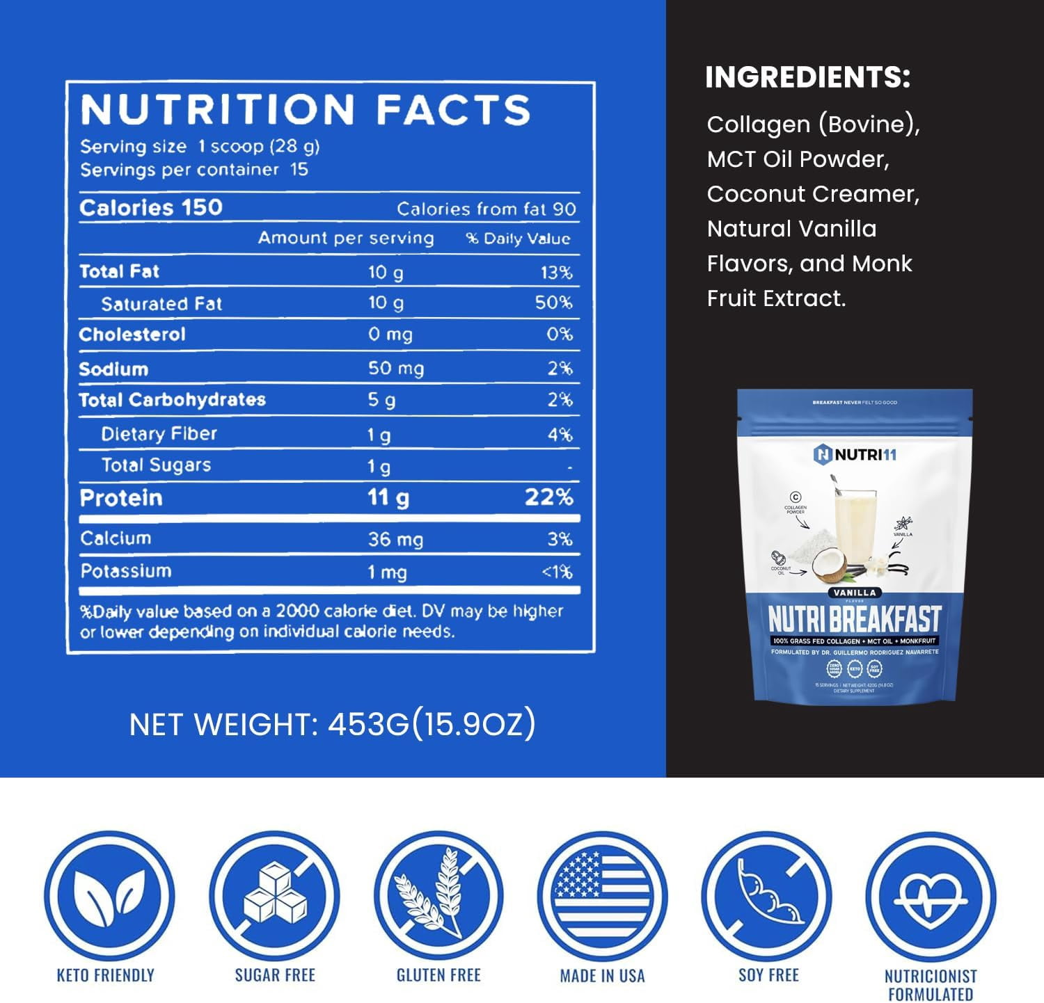 NutriBreakfast by Nutrillermo/Keto Protein Vanilla Collagen Powder with MCT Oil/MCT Oil Powder with Collagen/Keto Collagen Peptides Powder with Grass-Fed Bovine Collagen Type I & III-15 Servings