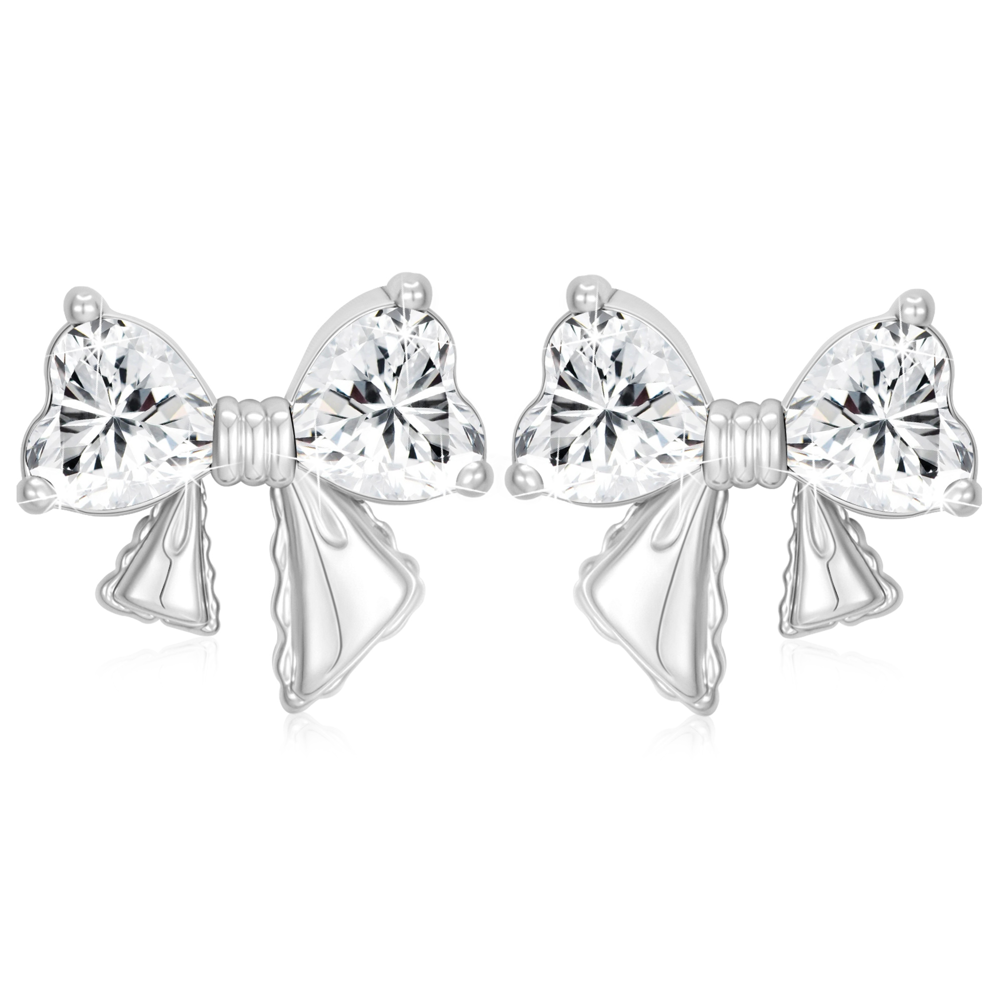 APSVO 18K White Gold Plated Bow Love Heart Stud Earrings for Women Girls CZ S925 Sterling Silver Post April Birthstone Earrings Birthday Graduation Jewelry Gifts Teen Her Mom Wife Kids
