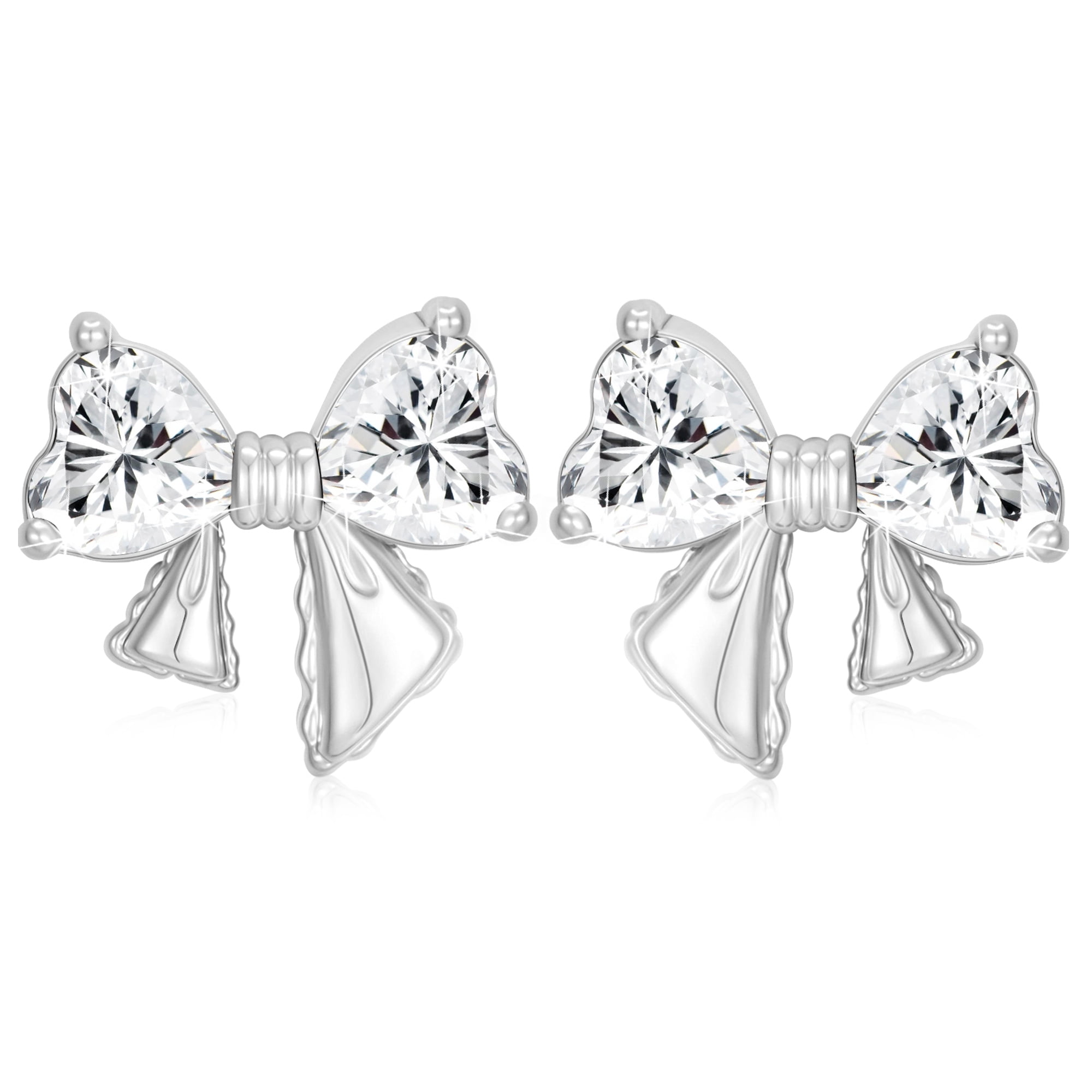 APSVO 18K White Gold Plated Bow Love Heart Stud Earrings for Women Girls CZ S925 Sterling Silver Post April Birthstone Earrings Birthday Graduation Jewelry Gifts Teen Her Mom Wife Kids