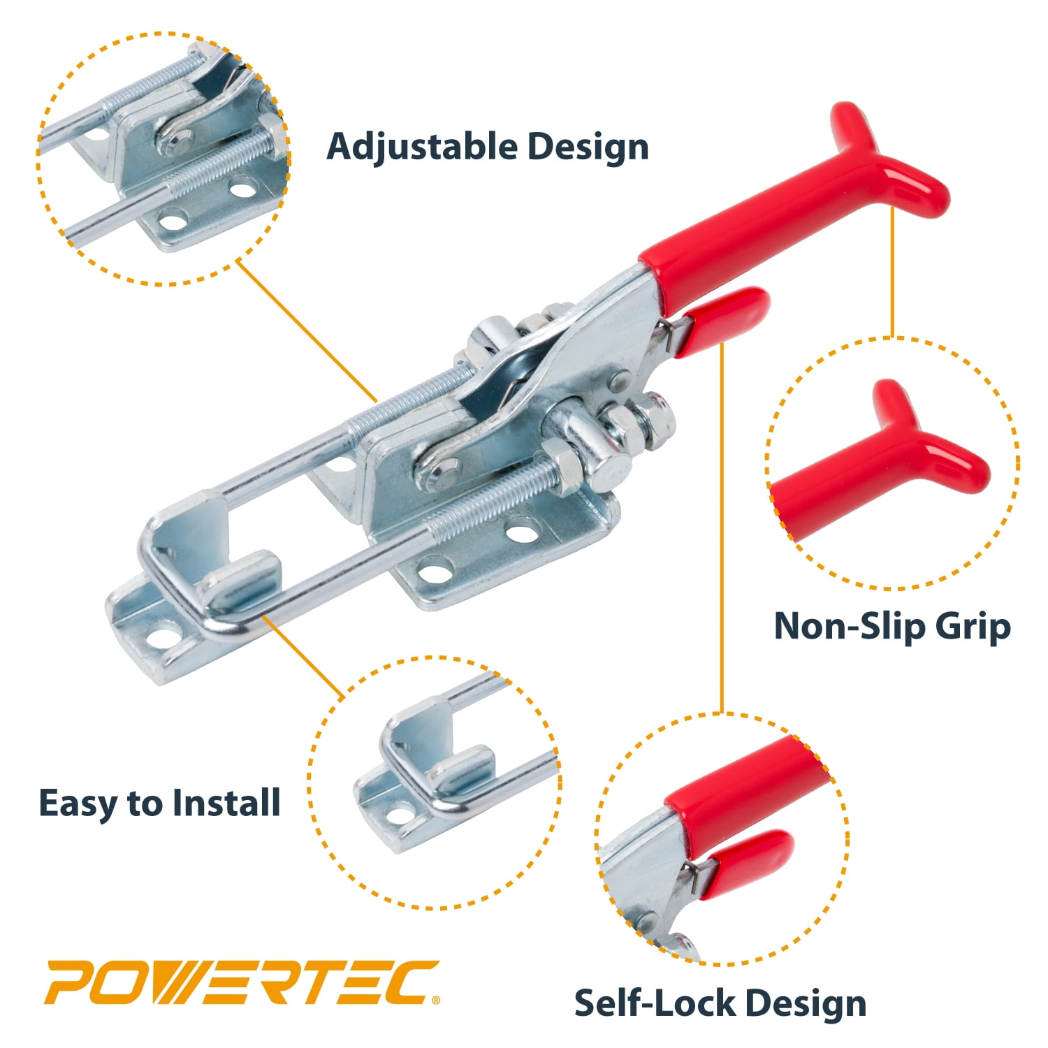 POWERTEC 4PK Toggle Clamp, 700 lbs Capacity, 431 Self-Lock U-Bolt Adjustable Latch w/Antislip Hand Grip for Woodworking Jigs & Fixtures, Smoker, Tool Box, Cabinet, 20341-P2