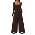 thumbnail image 2 of Long Sleeve Jumpsuit for Women Ruched One Piece Wide Leg Jumpsuit Baggy Square Neck Workout Romper with Pockets, S, 2 of 6
