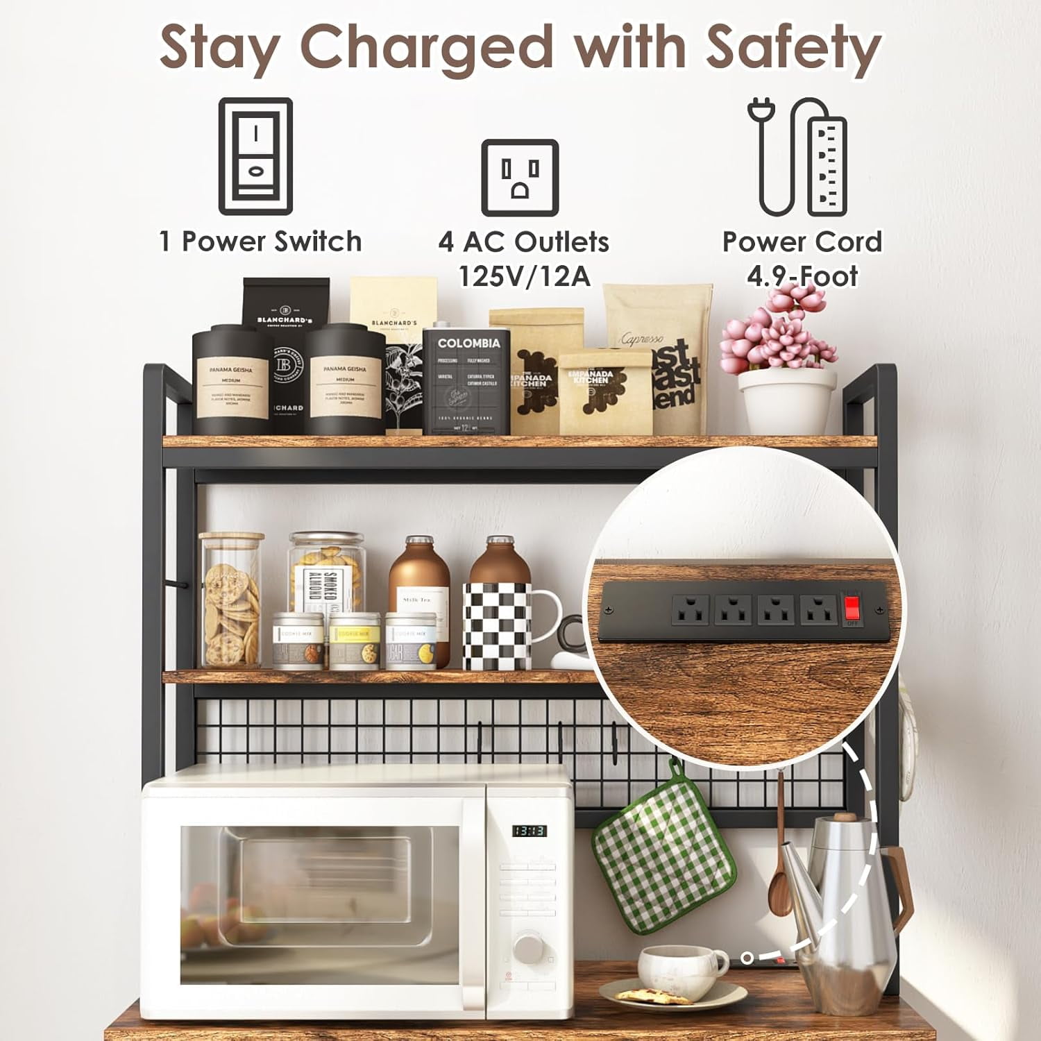 Multi-Functional Mini Fridge Stand with Wheels, Wooden Mini Fridge & Microwave Storage Shelves, Large Bakers Rack and Storage for Kitchen Appliances, Perfect for Dorm Kitchen Coffee Bar