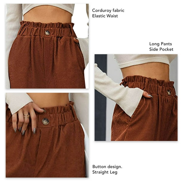 Women Button Up Pocket Corduroy Pants, Ruffle Trim Elastic Waist