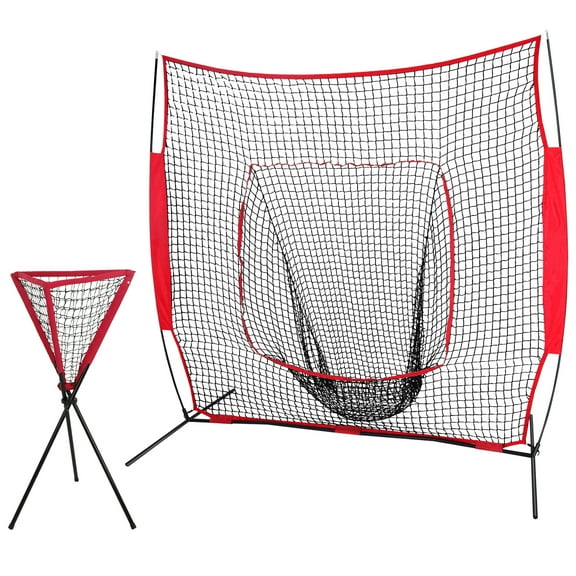 ZENSTYLE Practice Batting Net Bow Frame 7'×7' Baseball Softball With Red Bag Ball Caddy
