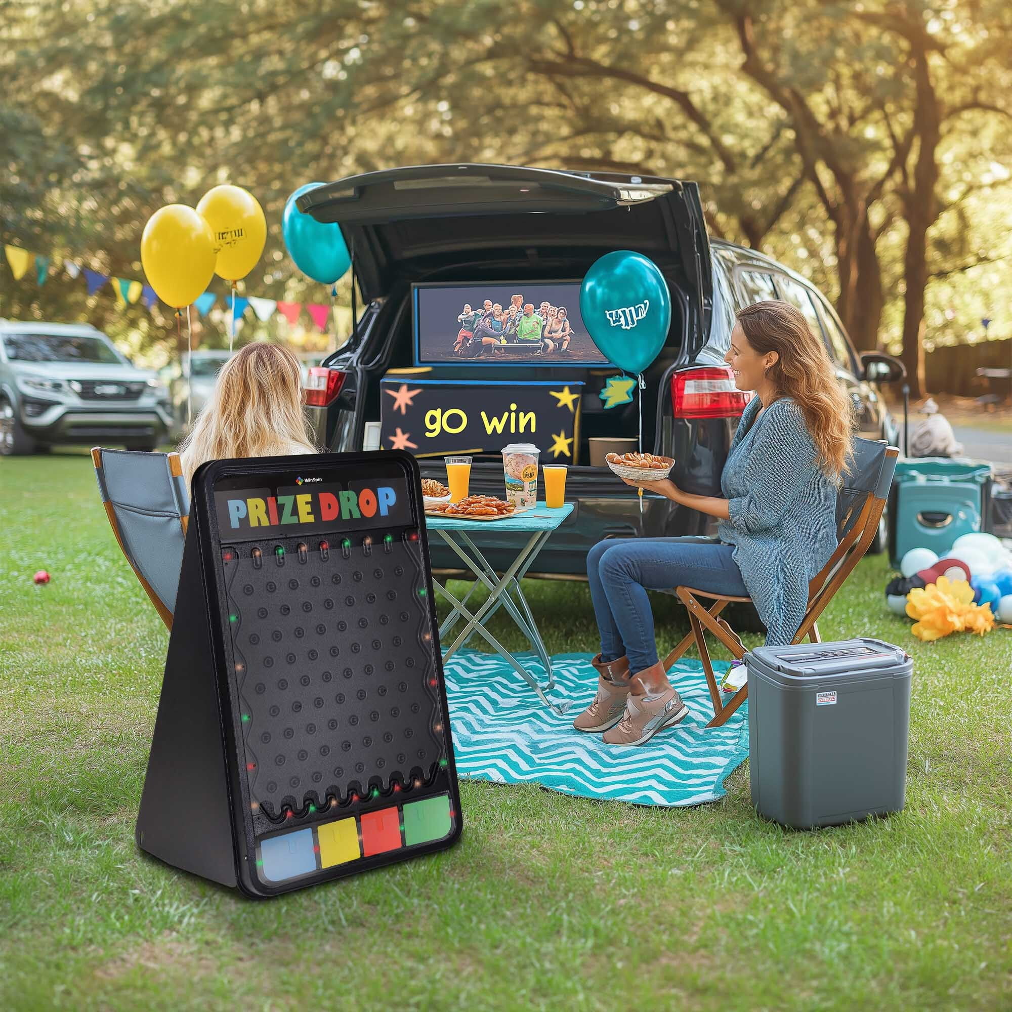 WinSpin 41x25" Prize Drop Board Game with LED Lights 12 Pucks Customizable Logo Area Slots Carnival Tabletop