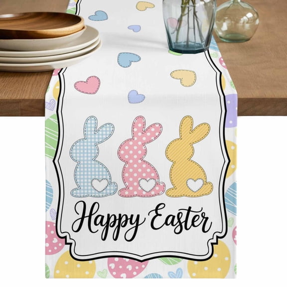 Table Runner 90 Inches Long for Kitchen Dining, Happy Easter Dresser Scarf Farmhouse, Dining Table Decorations for Wedding/Parties, Cute Lovely Colorful Rabbits Silhouette Eggs 13 x 90 In