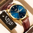 thumbnail image 2 of Reloj LIGE Reloj de cuero de lujo para hombre dorado y azul, 2 of 5