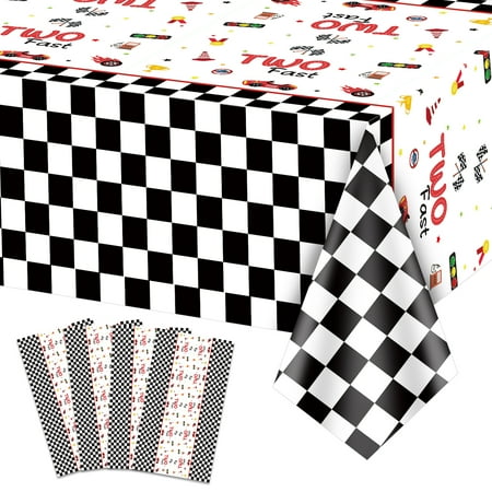4pcs Two Fast Race Car Tablecloths - Racing Car Table Covers Rectangular Black and White Checkered Tablecloth for Boys Kids' Two Year Old Race Car Birthday Party Supplies, 51 x 86.6 Inch