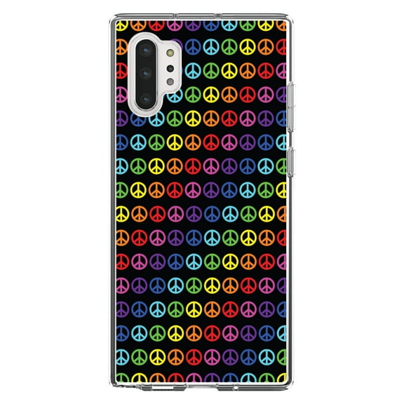 DistinctInk Clear Shockproof Hybrid Case for Galaxy Note 10 PLUS (6.8" Screen) - TPU Bumper, Acrylic Back, Tempered Glass Screen Protector - Black Rainbow Peace Signs