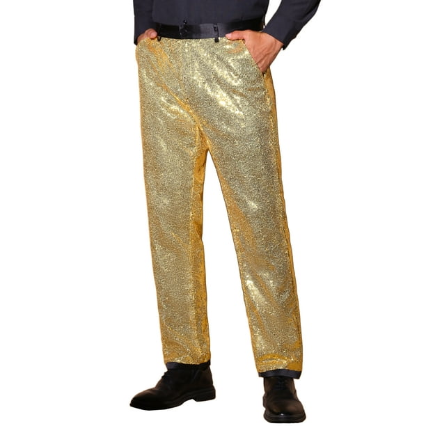 Pantalones de Vestir Metálicos de Lentejuelas INSPIRE CHIC Estilo de Fiesta Ajuste Regular Talla 30 Dorado