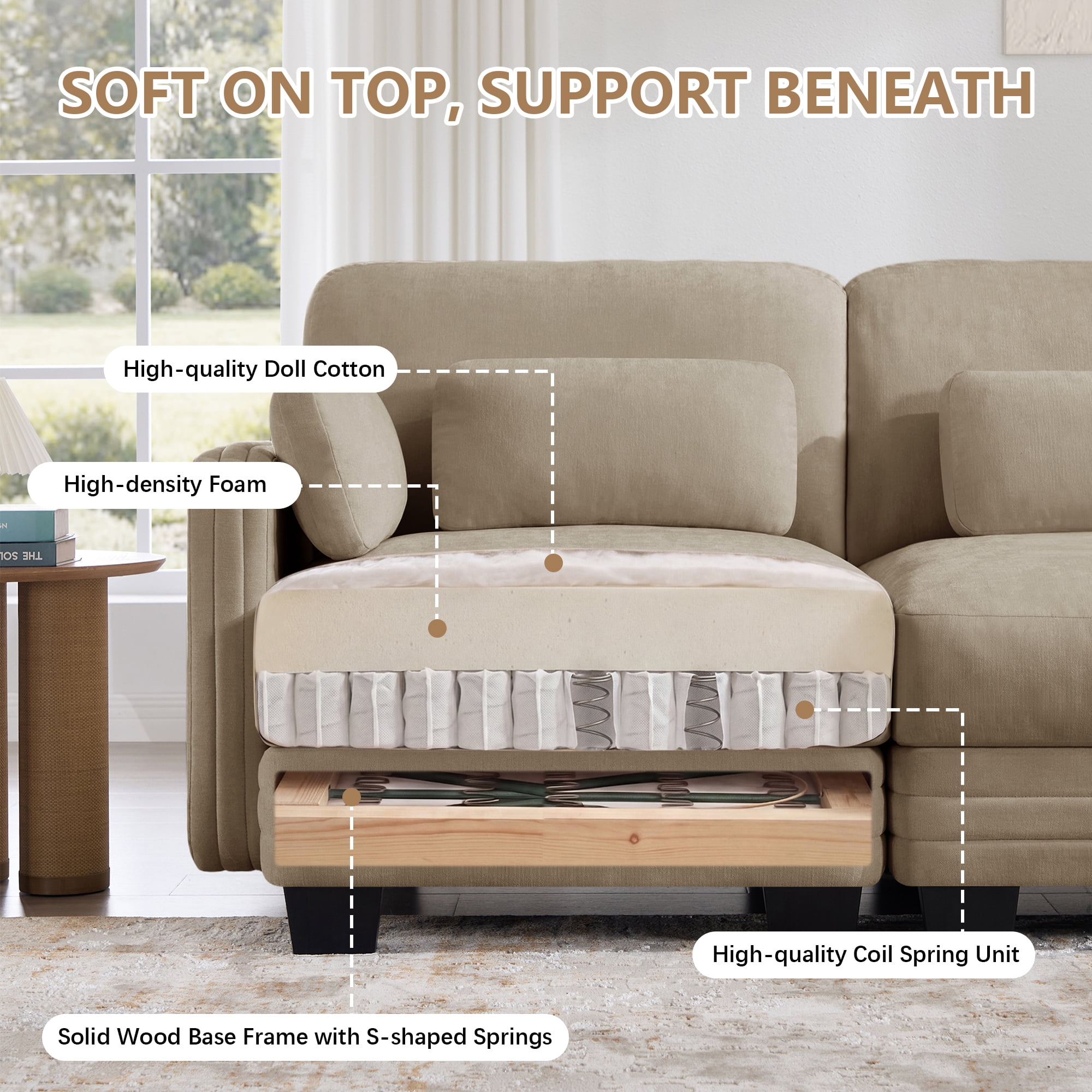 130" L Shape Modern Modular Sectional 4 Seater Sofa Couch with Movable Ottoman and 6 Pillows