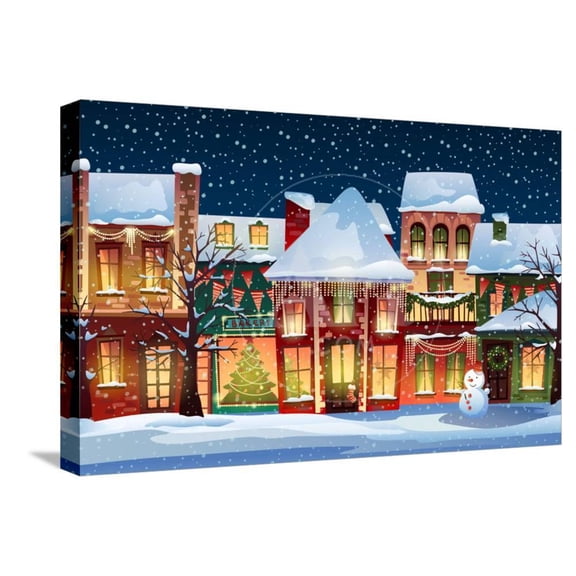 Winter landscape Christmas background with fairy tale houses, Scenic Stretched Canvas Wall Art by JuliyaM Sold by Art.Com