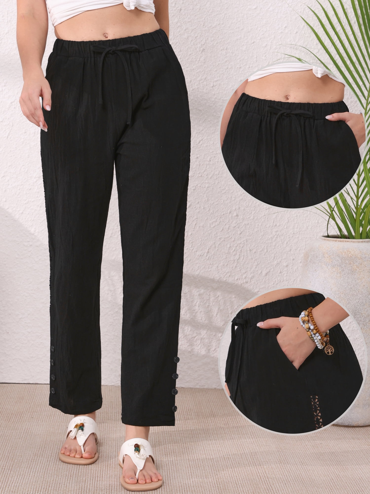 DARING DIVA Women's Linen Summer High Waist Drawstring Long Pants Small Black