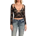 thumbnail image 5 of Michellecmm Women Floral Lace Tops Low Cut Sheer Long Sleeve Pullovers Fitted Crop Shirt with Bra Summer Streetwear Clubwear, 5 of 9