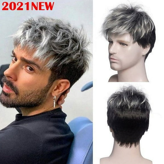 Willkey Men Short Straight Wig Ombre Grey Black Synthetic Wig For Male Hair Fleeciness Realistic Natural Toupee Wigs