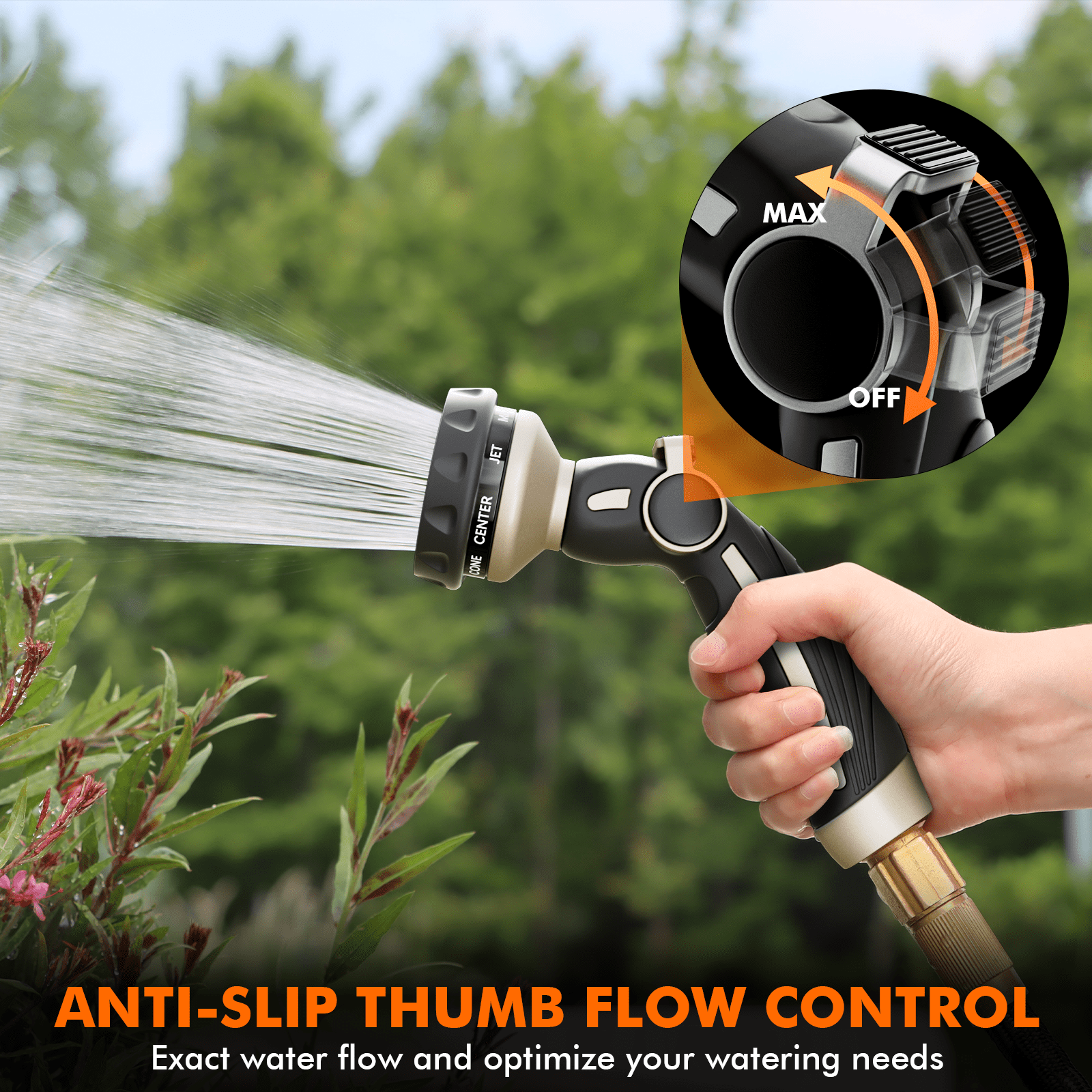 Restmo Hose Nozzle Heavy Duty, Metal Water Hose Sprayer for Garden, 9 Spray Patterns | High Pressure | Thumb Flow Control | on/off Valve, Ideal for Outdoor Lawn & Plant Watering, Car & Pet Washing