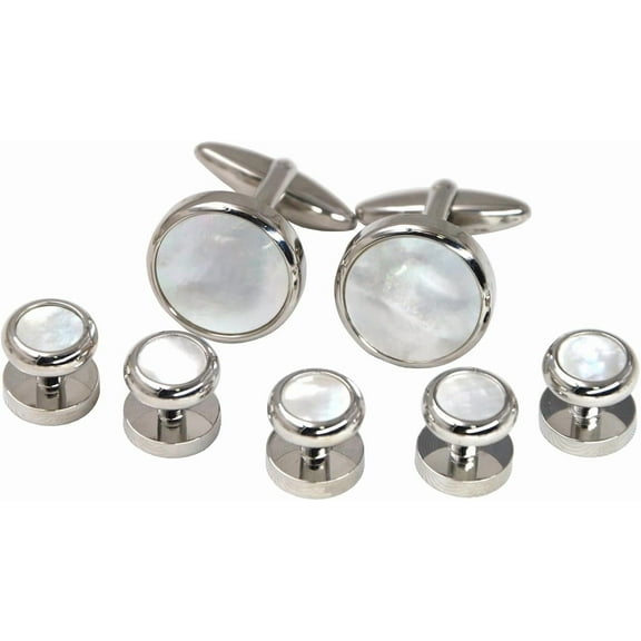 Round Shell Cufflinks and 5Pcs Silver Studs Set for Formal Tuxedo Cuff Shirt with a Gift box