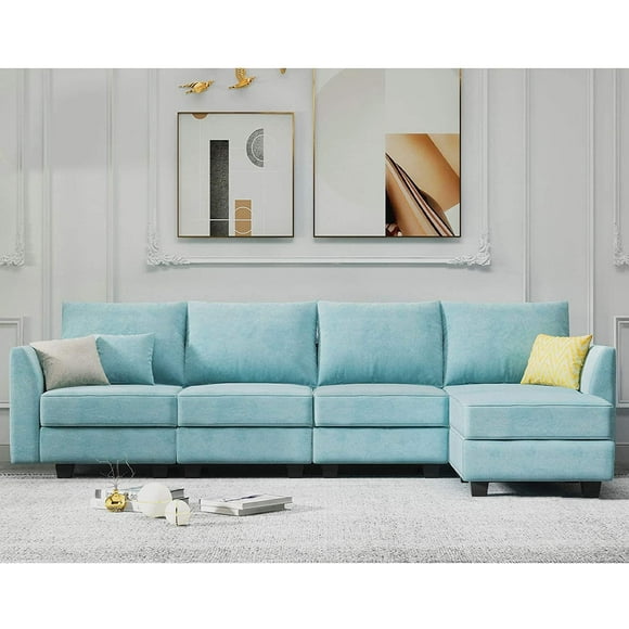 HONBAY Reversible Sectional Sofa L Shaped Convertible Couch with Storage, Aqua Blue