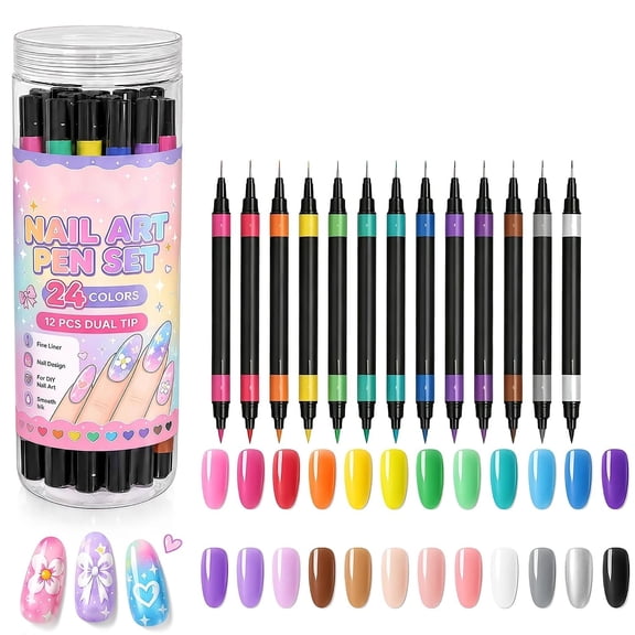 24 Colors Dual Ended Nail Art Pens Set, Smooth Quick-Dry Ink for DIY Manicures, Nail Art, Christmas Parties & Holiday Designs