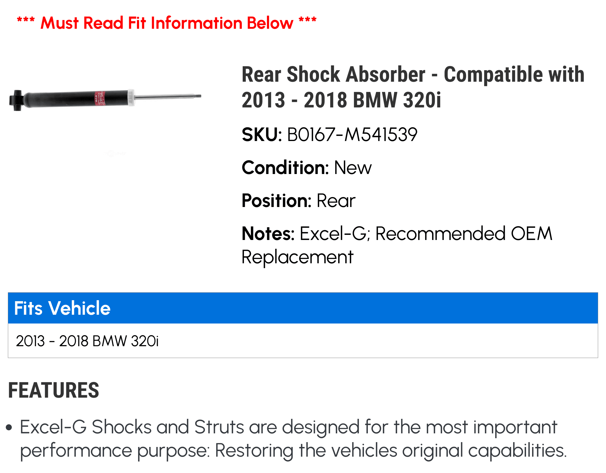 Rear Shock Absorber - Compatible with 2013 - 2018 BMW 320i 2014 2015 2016 2017