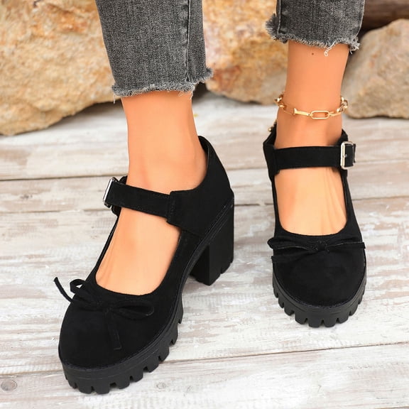 ZunFeo Womens Velvet Chunky Mary Jane Shoes Platform Low Block Heel with Bow Adjustable Buckle Strap Black,Size 7.5
