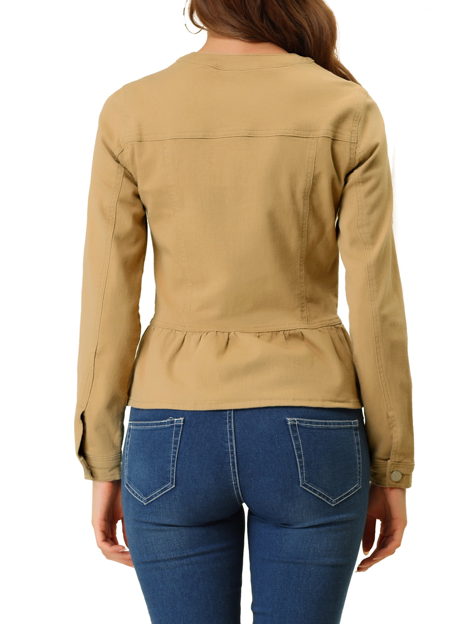DARING DIVA Women's Button Down Cropped Ruffle Hem Denim Jacket M Khaki