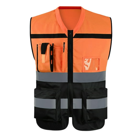 Reflective Safety Vest High Visibility Multi Pockets Construction Man Working Clothes Motorcycle Night Riding Fluorescent Vest (Orange and Black,One Size)