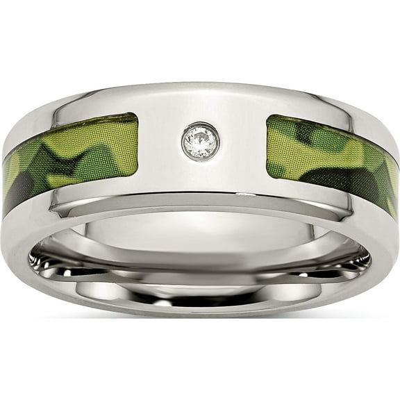 Stainless Steel Polished With Cz Printed Green Camo Under Rubber Band (Size 8) Made In China sr451-8