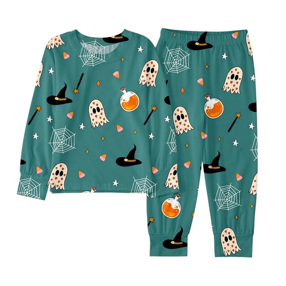 Tisuna Kids Halloween Pajamas Set For Boys Graphic Print Long Sleeve Tops Pants Loungewear Teen Youth Lightweight Soft Festival Party Homewear Set Green Size 2-3 Years