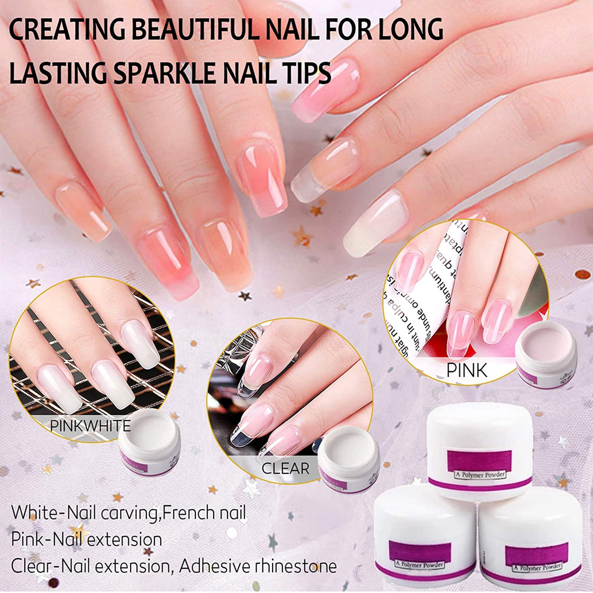 DODOING Complete Acrylic Nail Kit Acrylic Powder and Liquid Set Nail Decorations Tools White Clear Pink Acrylic Powder Nails Extension