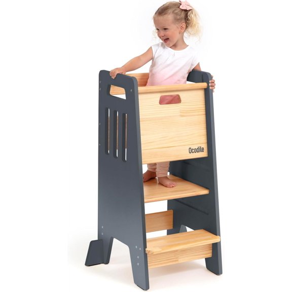Toddler Tower with a Sliding Door and 3 Adjustable Heights - Complete Toddler Kitchen Stool Helper with Support Feet - Safe Design for 18 Months to 6-Year-Old Kids