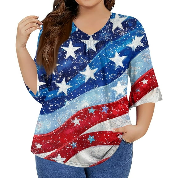 MGCWSH Women's Patriotic Distressed 4th Of July Shirts Usa Flag 3/4 Sleeve V Neck Loose Fit Blouses Soft Clothes 2025 Blue 5XL