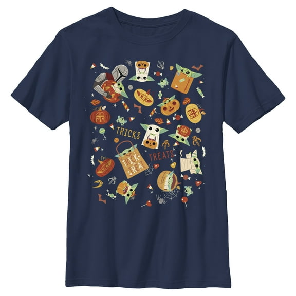 Boy's Star Wars: The Mandalorian Halloween Candy Collage Graphic Tee Navy Blue X Small