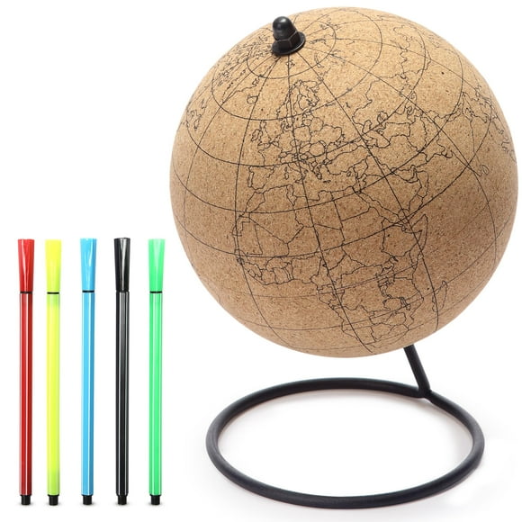 Globe Trekkers - Petit Globe en Liège à Colorier avec 5 Marqueurs de Couleur Différents et Base en Acier Durable / Idéal pour la Cartographie, les Voyages et les Objectifs Éducatifs /