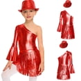 thumbnail image 5 of iixpin Girls Disco Bodysuit Set, 3-Piece Dance Outfit with Fringed Skirt & Sequined Hat Red 12, 5 of 7
