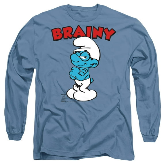 Smurfs Brainy Unisex Adult Long-Sleeve T Shirt,Brainy Carolina Blue,Medium