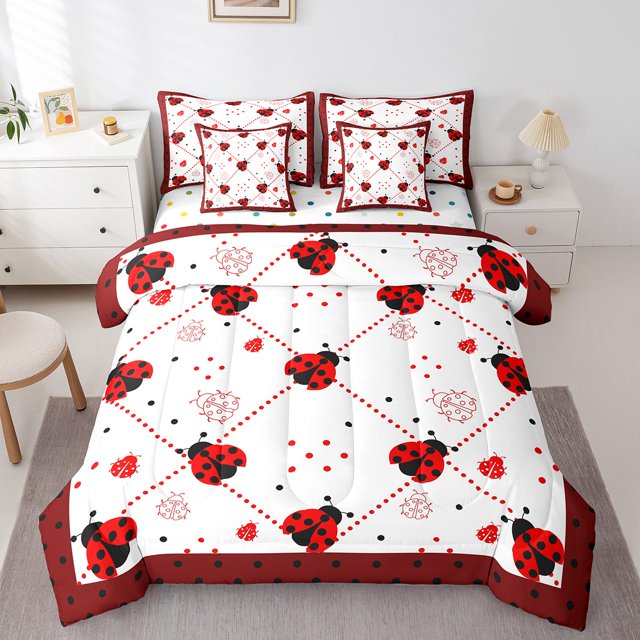 Erosebridal Flying Ladybug Bed In A Bag Full Size,Nature Animal Bed Set,Geometric Room Decorative,Reversible,Breathable,7-Piece