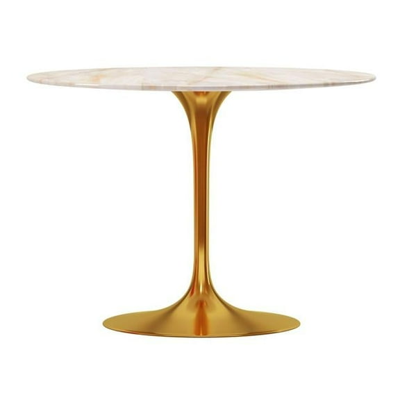 Aron Living Rose 40" Round Artifical Onyx Marble and Metal Dining Table in Gold