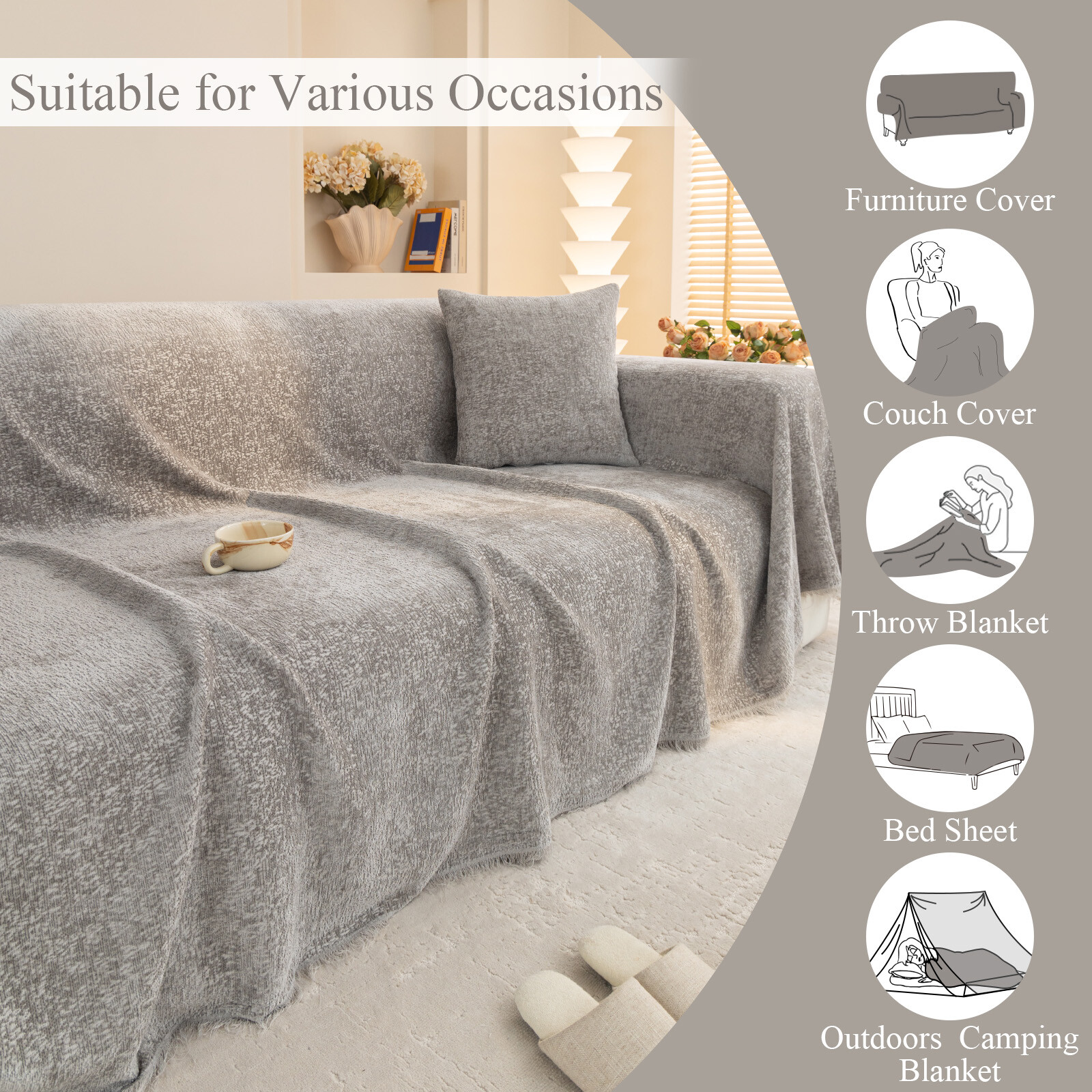 ANMINY Ultra Soft Chenille Couch Cover with Tassels, Machine Washable Multi - Use Sofa Blanket Cover