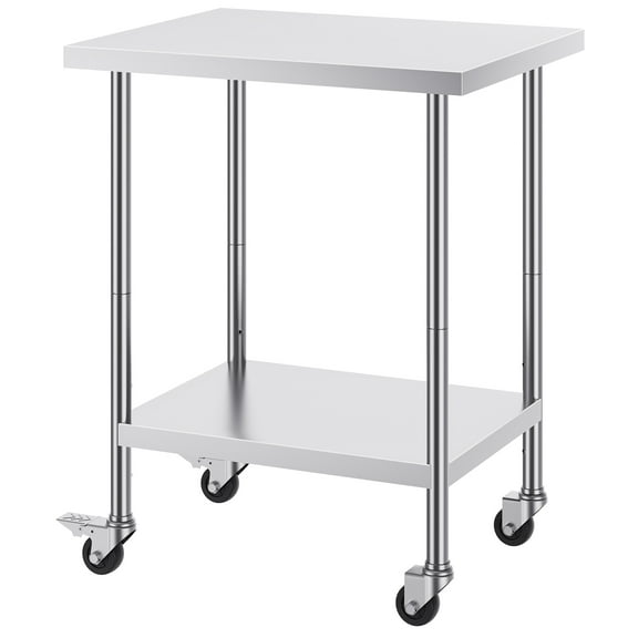 KFFKFF 24x30x38 Inch Stainless Steel Prep Table, Equipped with 4 Casters and 3 Height Settings, Durable for Restaurant Kitchen Use, Silver