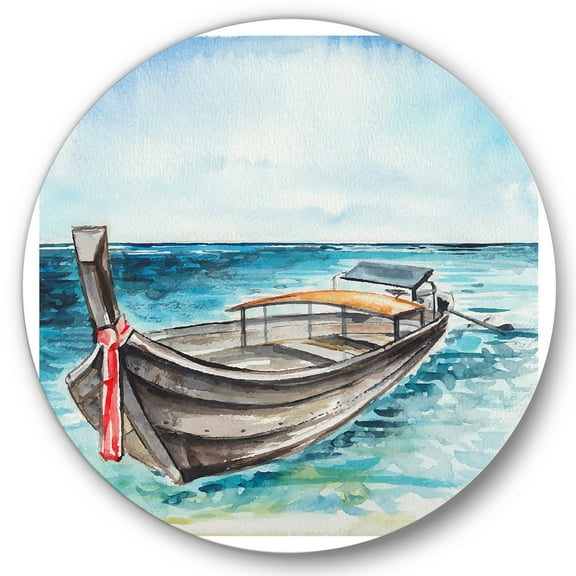 Designart 'Little Boat At The Lake Shore' Nautical & Coastal Circle Metal Wall Art 36x36 - Disc of 36
