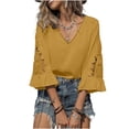thumbnail image 2 of ZHYou Blouses for Women V Neck Pullover Lace Hollow 3/4 Sleeve Tops Summer Fall Business Casual Shirts,Yellow,Size XL, 2 of 7